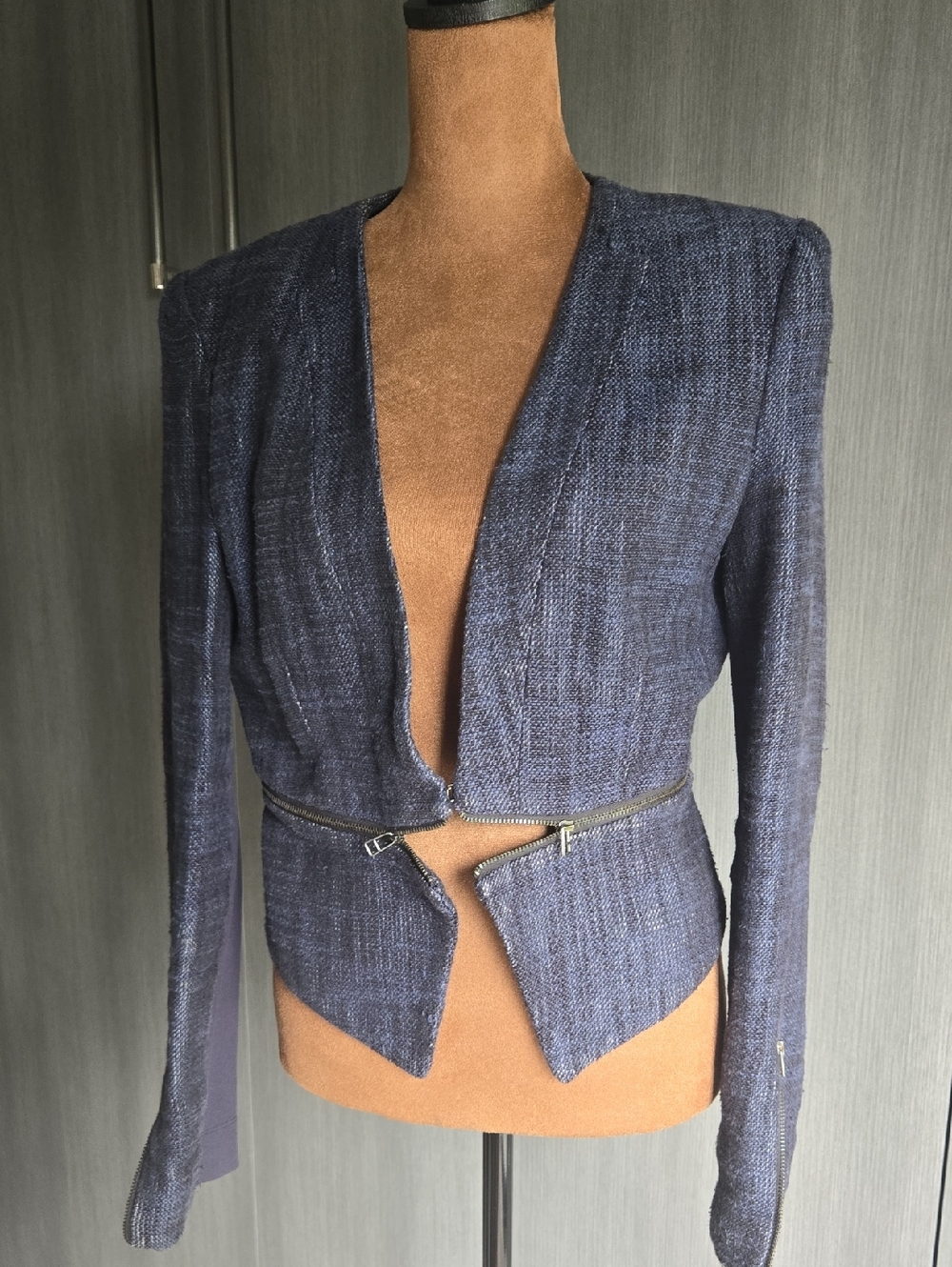 BCBGMaxAzria Navy Textured Zip-Waist Blazer